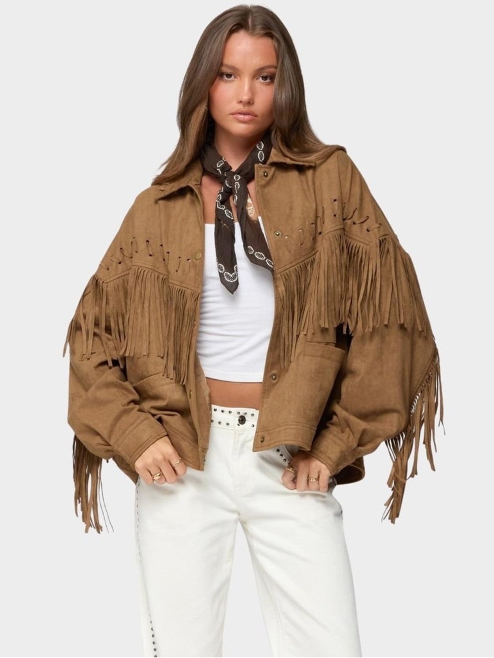 EDIKTED Evonka Fringe Faux Suede Western Jacket Brown Size L NWT